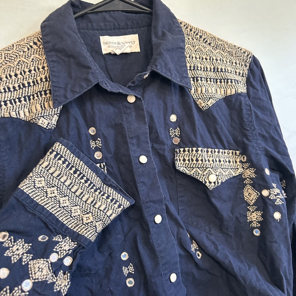 Denim & Supply Ralph Lauren Women L Western Pearl Snap Shirt Embroidered Cowgirl